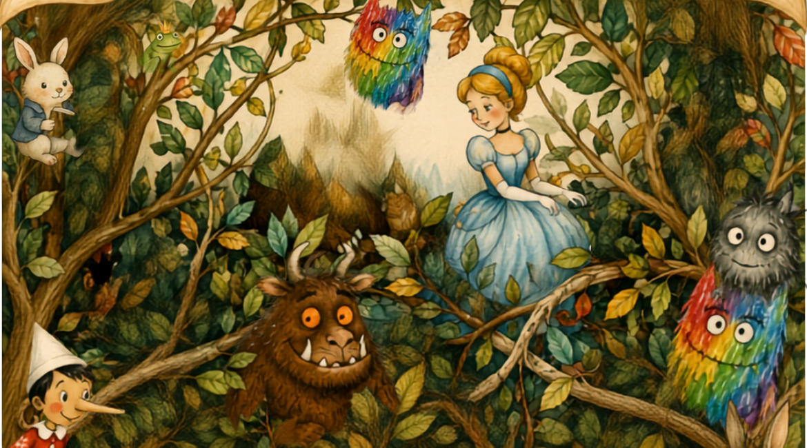 Nell'immagine si vedono i personaggi di varie fiabe e libri per bambini, immersi nel folto di un bosco.