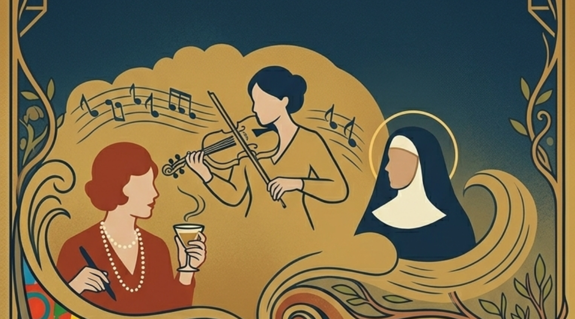 L'illustrazione mostra una suora, una violinista e una scrittrice avvolte da una nube oro su sfondo blu scuro.