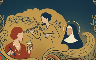 L'illustrazione mostra una suora, una violinista e una scrittrice avvolte da una nube oro su sfondo blu scuro.