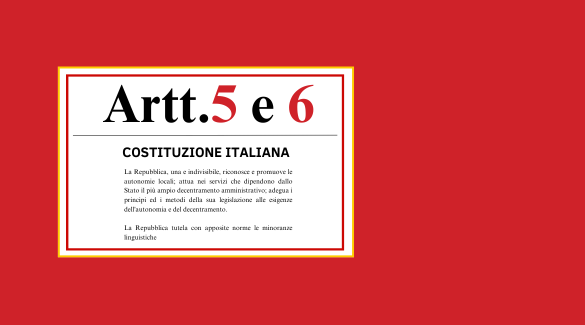 Nell'immagine si legge un estratto degli articoli 5 e 6 della Costituzione in un riquadro bianco bordato di giallo. Lo sfondo è rosso.