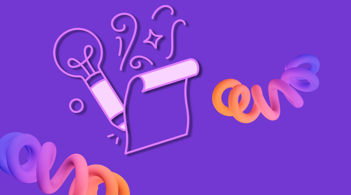 Nell'immagine si vedono un foglio e una penna stilizzati in stile neon su uno sfondo viola con delle stelle filanti colorate.