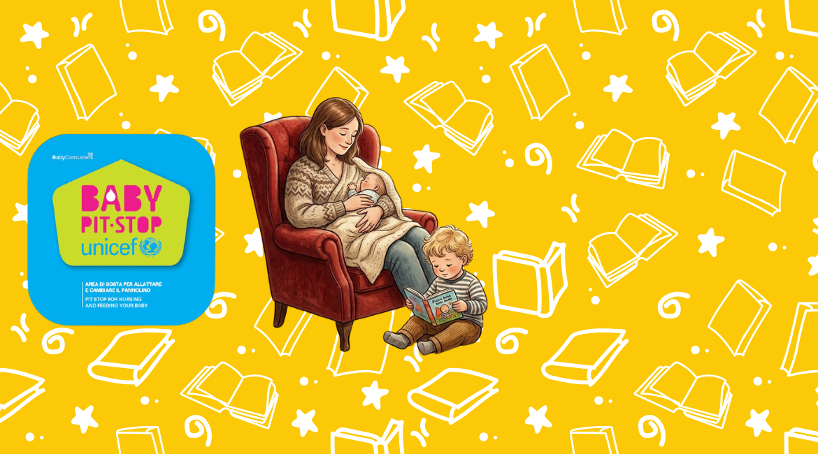 Nell'immagine si vede una mamma che allatta il suo bambino su una poltrona rosso. A fianco si trova il logo del Baby Pit Stop UNICEF. Lo sfondo è giallo con immagini di libri stilizzati.