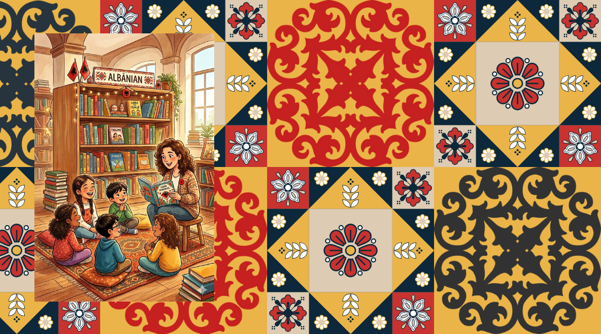 Nell'immagine si vede una bibliotecaria che legge storie in albanese a dei bambini con alle spalle uno scaffale di libri albanesi. Sullo sfondo si vede un pattern astratto che richiamo motivi decorativi tipici del ricamo tradizionale albanese.