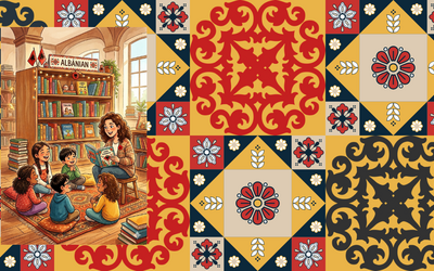 Nell'immagine si vede una bibliotecaria che legge storie in albanese a dei bambini con alle spalle uno scaffale di libri albanesi. Sullo sfondo si vede un pattern astratto che richiamo motivi decorativi tipici del ricamo tradizionale albanese.