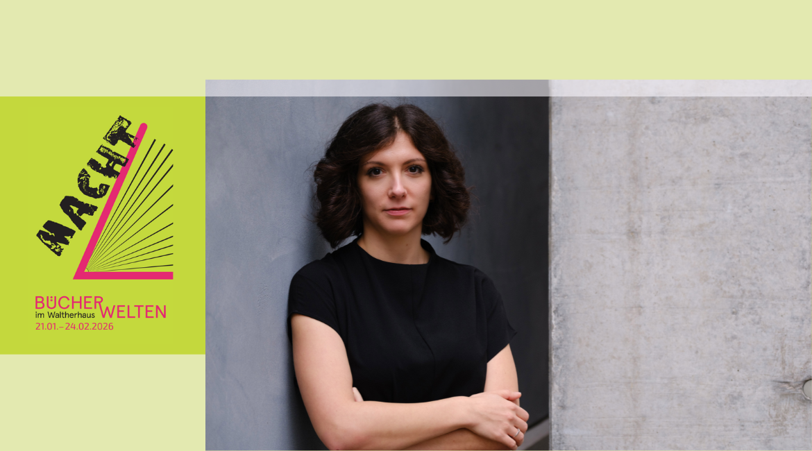Il logo della manifestazione "Büchewelten 2026" è affiancato alla foto della scrittrice Maddalena Fingerle. Lo sfondo è verde acido.