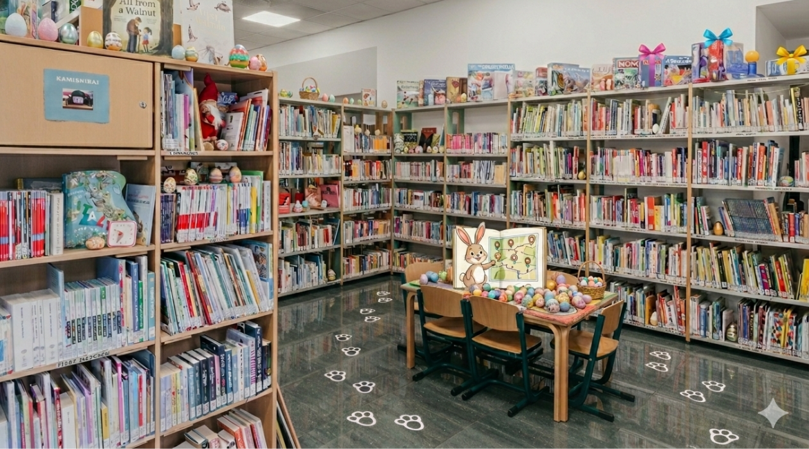 Nell'immagine si vede la sezione ragazzi della Biblioteca Europa allestita con uova di Pasqua e coniglietti.