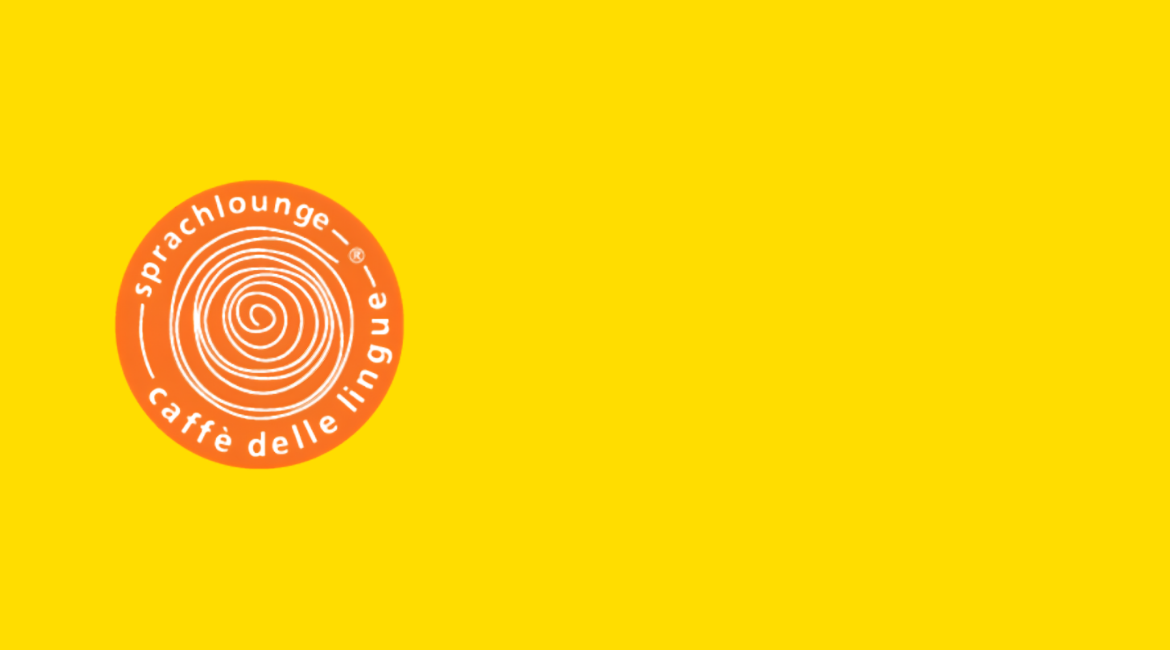 Nell'immagine si vede il logo tondo e arancione del "Caffè delle lingue - Sprachlounge" su uno sfondo giallo.