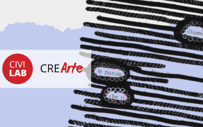 Una pagina di testo cancellata con il Metodo Caviardage si trova su uno sfondo azzurro. Sovrapposto all'immagine si vede il logo del "CIVILab - CreArte".