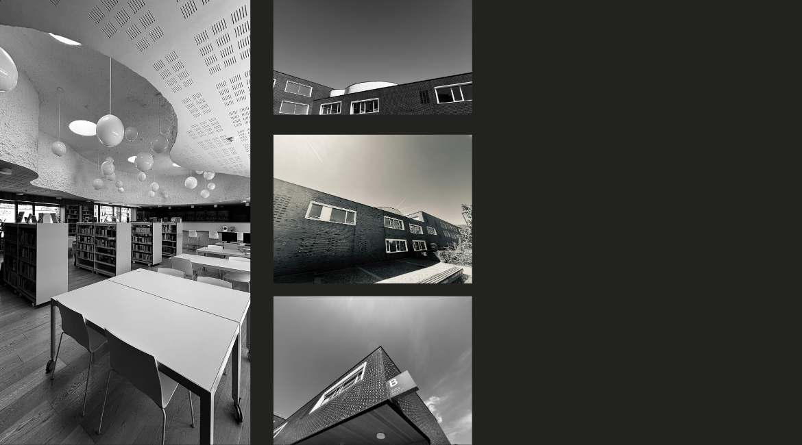 Tre foto in bianco e nero della Biblioteca Firmian: uno spazio interno moderno con librerie e tavoli e due scatti esterni dell'edificio in mattoni.