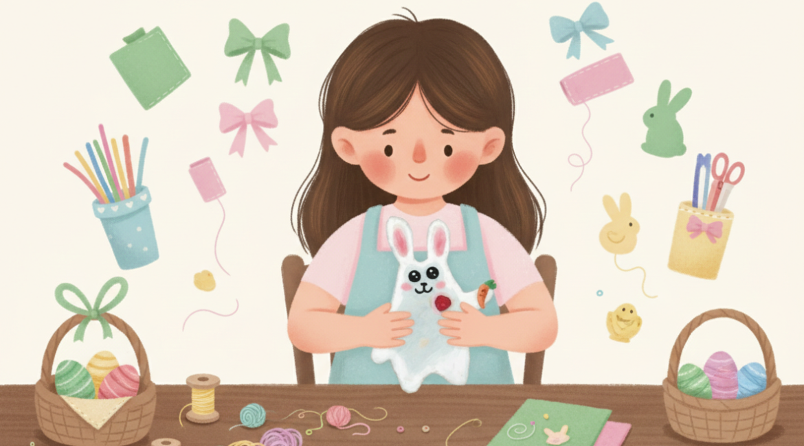 Nell'illustrazione si vede una bambina coi capelli castani che realizza un coniglietto in stoffa bianca circodata da decorazioni.