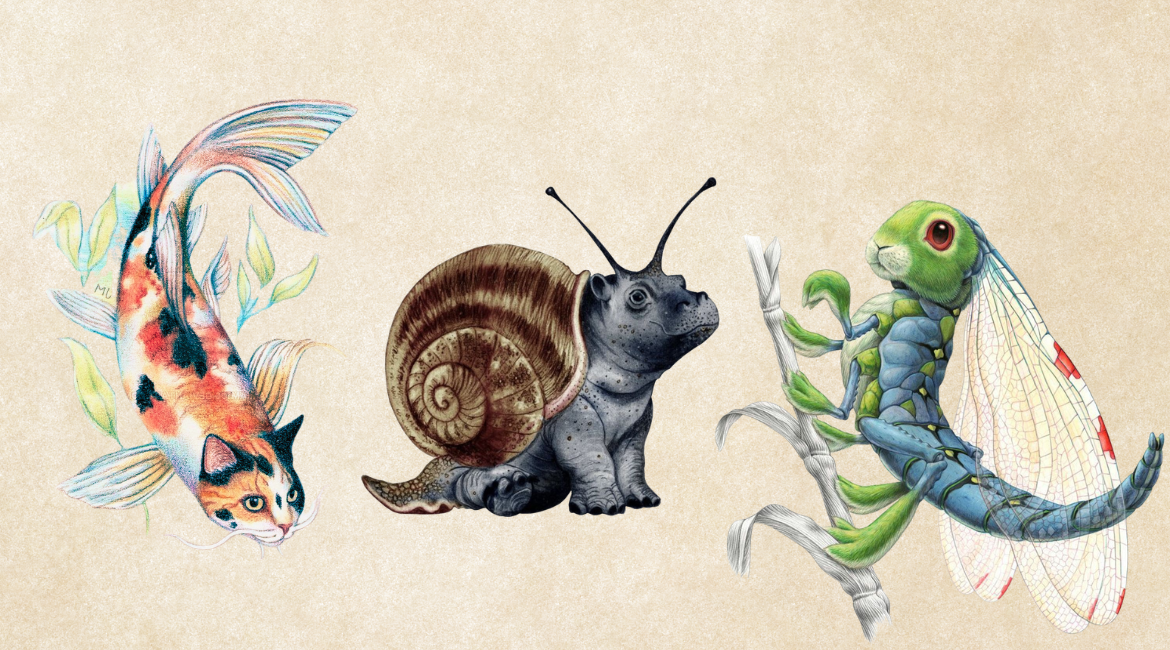 Nell'immagine si vedono tre creature fantastiche disegnate da Eleonora Pace: un gatto-carpa, un ippopotamo-lumaca e un coniglio-libellula.