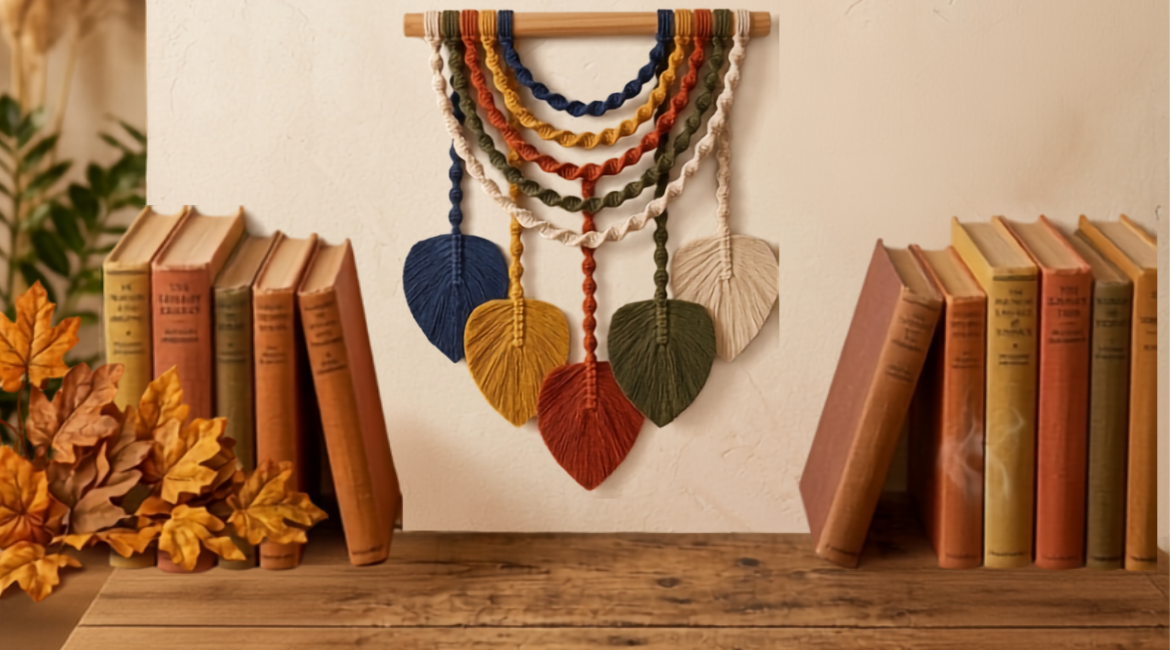 Nell'immagine si vede una mensola di legno con sopra alcuni libri e delle foglie secche. Al centro si vede una deorazione colorata realizzata con la tecnica del macramè.