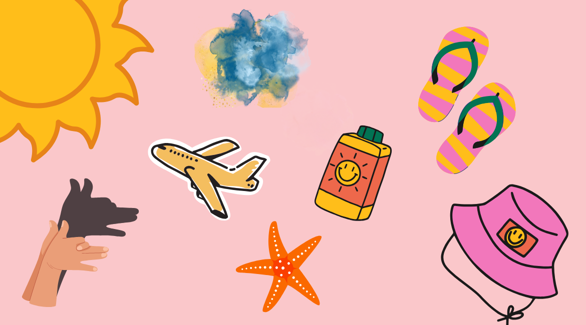 Su uno sfondo rosa, si vedono un sole, un cappello, una crema solare, una stella marina, delle ciabatte da spiaggia, un aereo, due mani che fanno ombre cinesi e una macchia di pittura ad acquerello azzurra.