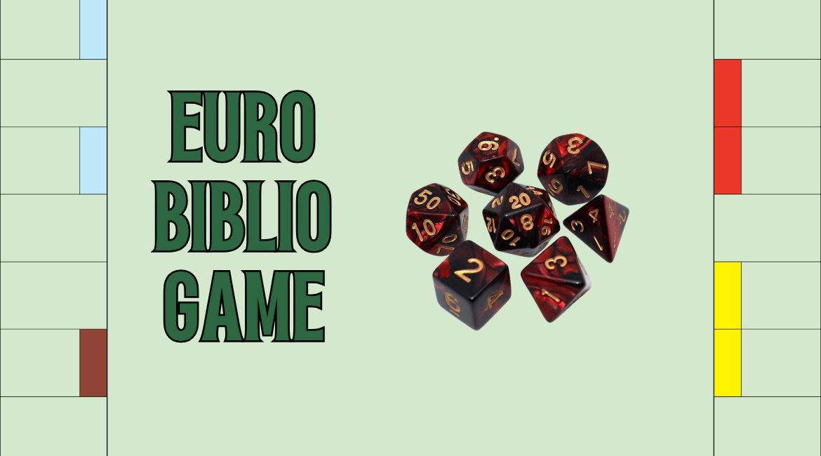 Nell'immagine si vede la plancia di gioco del Monopoli, alcuni dadi e la scritta Euro Bibliogame.