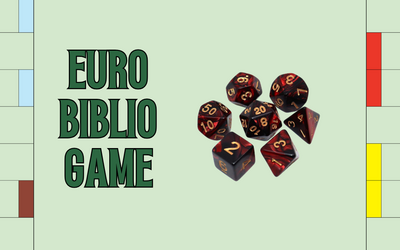 Nell'immagine si vede la plancia di gioco del Monopoli, alcuni dadi e la scritta Euro Bibliogame.