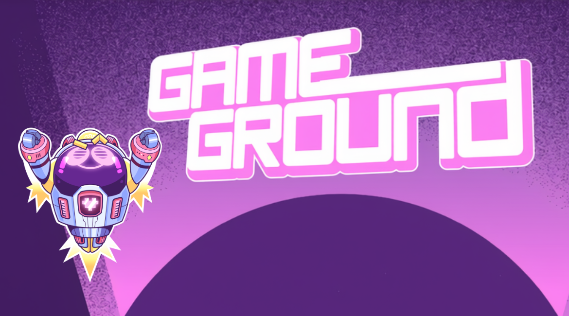Nell'immagine si vede un robot, la mascotte del festival Game Ground, e la scritta "Game ground" su sfondo viola.