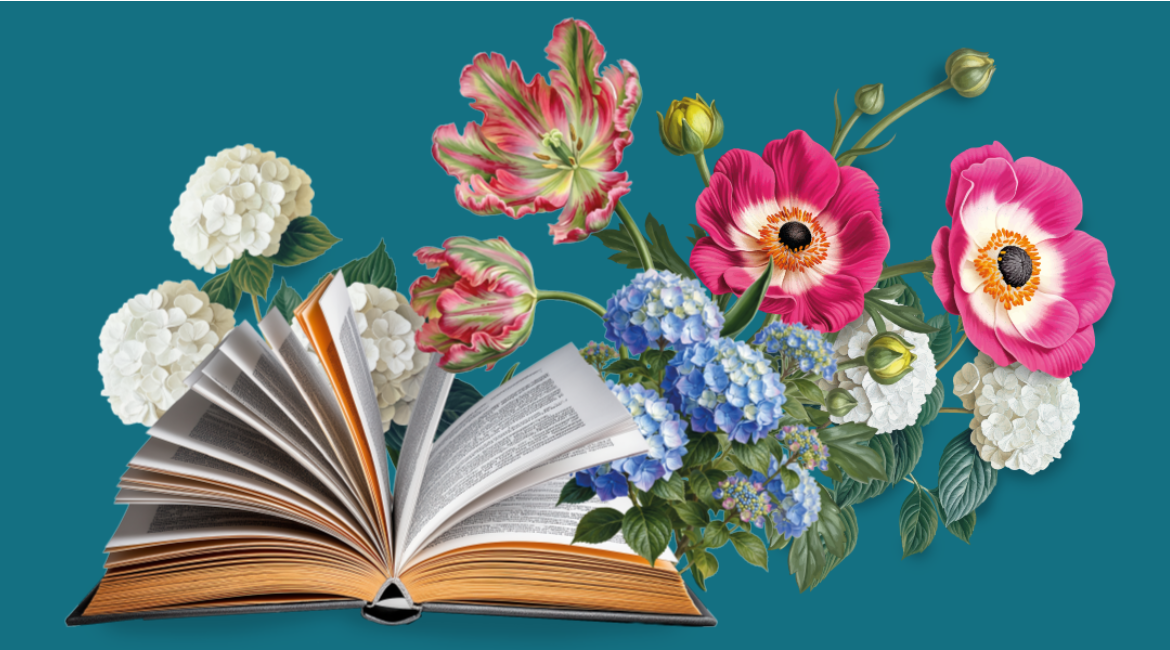 Nell'immagine si vede un libro aperto da cui escono fiori colorati. Lo sfondo è color ottanio.