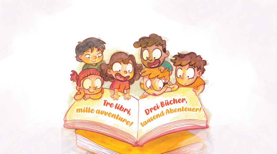 Nell'immagine si vede un'illustrazione che rappresenta alcuni bambini che volano aggrappandosi ad un libro.