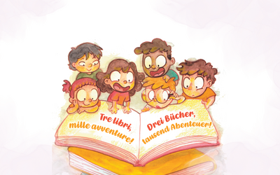 Nell'immagine si vede un'illustrazione che rappresenta alcuni bambini che volano aggrappandosi ad un libro.
