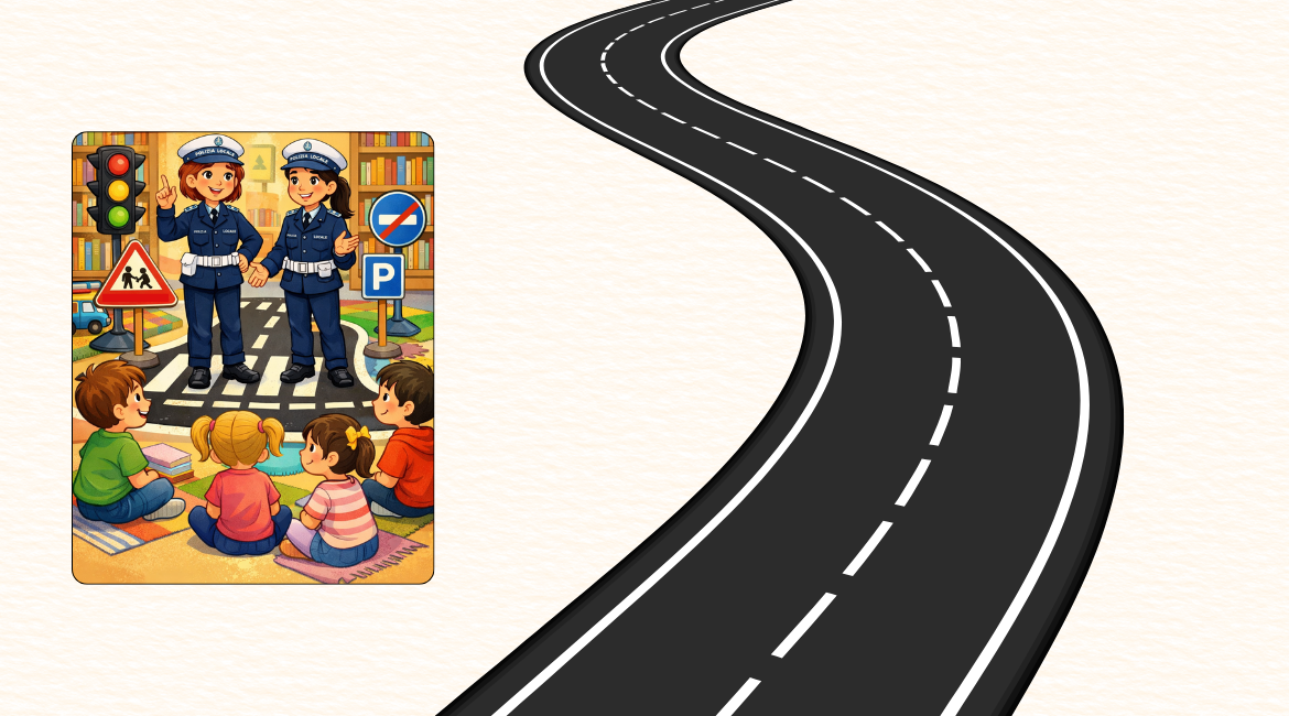 Nell'immagine si vede una strada e di fianco due vigilesse che parlano con dei bambini in una biblioteca.