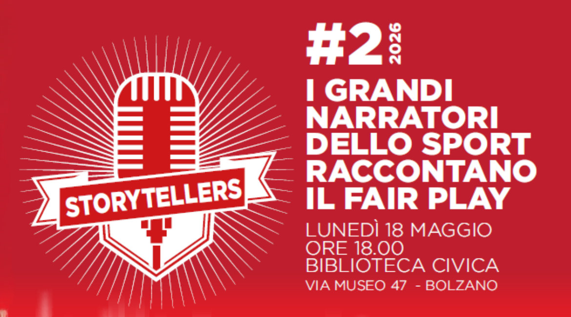 Nell'immagine si vede un microfono con la scritta "Storytellers" e di fianco "#2/2026 I grandi narratori dello sport raccontano il fairplay". Lo sfondo è rosso e le scritte sono bianche.