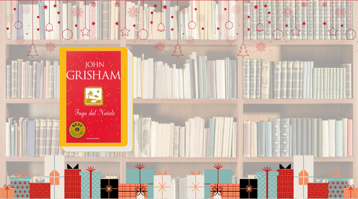 La copertina del libro "Fuga dal Natale" di John Grisham è vordata di giallo e si trova sullo sfondo di una libreria circondata da grafiche natalizie.
