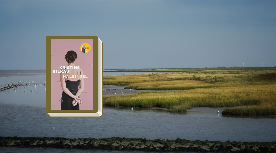 Nell'immagine si vede la copertina del libro "Halbinsel" di Kristine Bilkau bordato di verde. Sullo sfondo una foto del Mare dei Wadden.