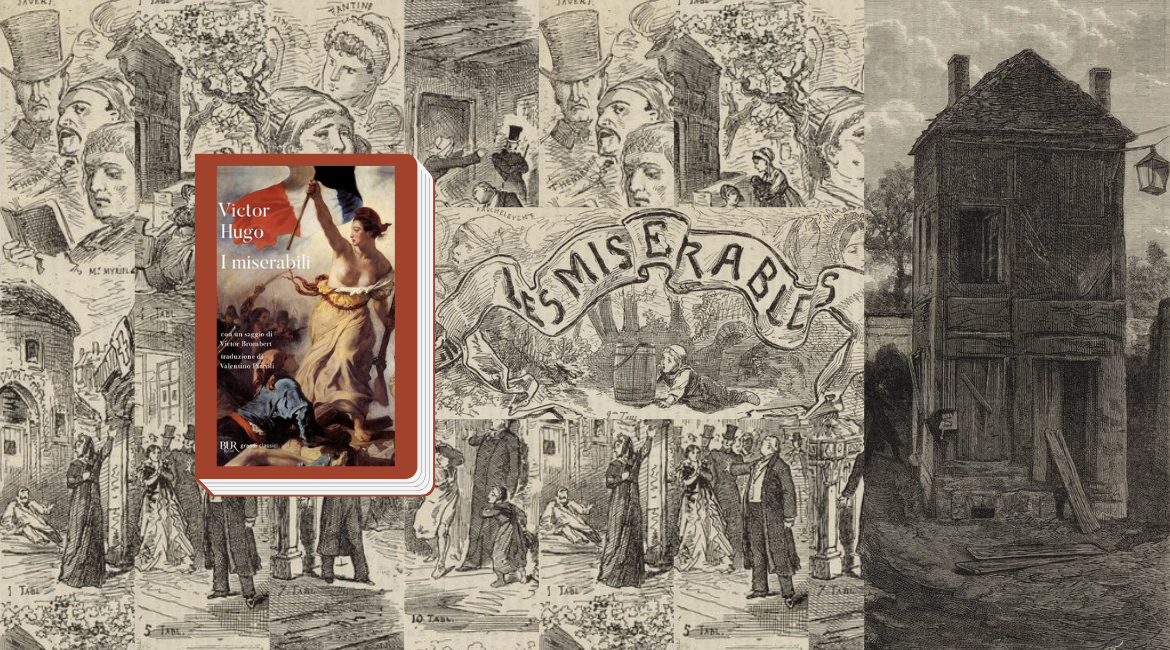 La copertina del libro "I miserabili" di Victor Hugo si trova su uno sfondo con un collage di illustrazioni ottocentesche del romanzo in bianco e nero.