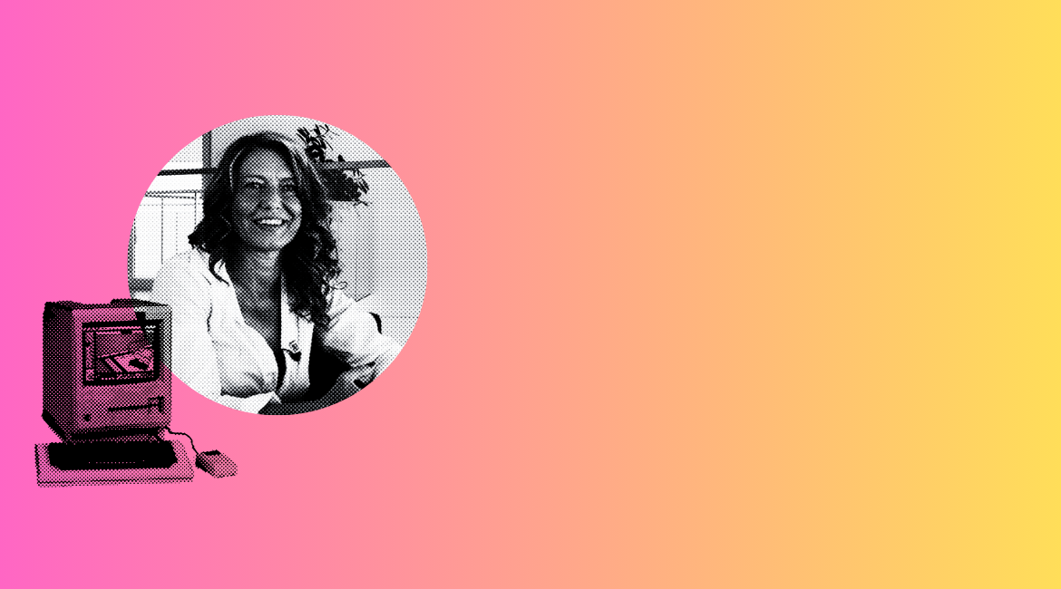 Foto in bianco e nero di Michela Milano su uno sfondo che sfuma dal fucsia al giallo con a fianco l'immagine di un vecchio computer.