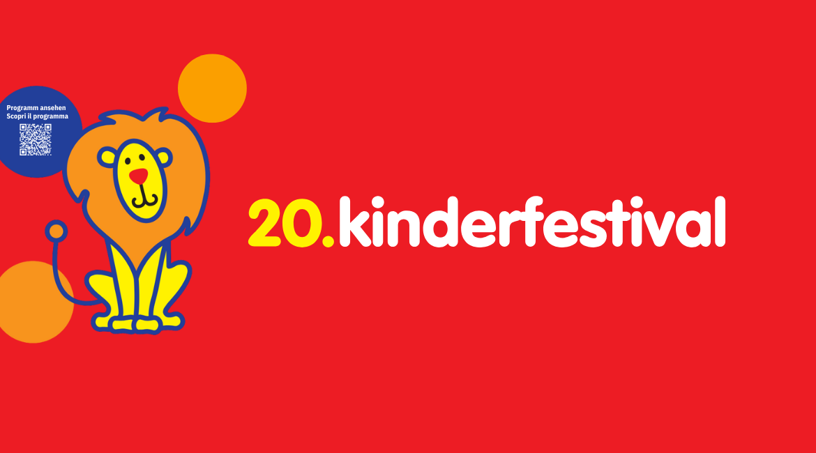 Un'immagine rosso brillante con la scritta "20. Kinderfestival" in giallo e bianco, un leone stilizzato e un codice QR.