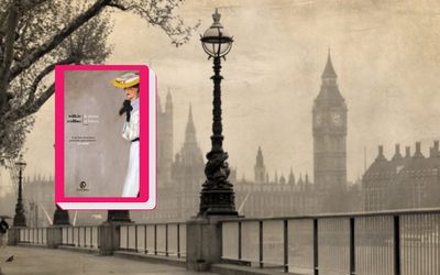 La copertina del romanzo "La donna in bianco" di Wilkie Collins è bordata di fucsia. Sullo sfondo si vede una foto in bianco e nero di Londar avvolta dalla nebbia.