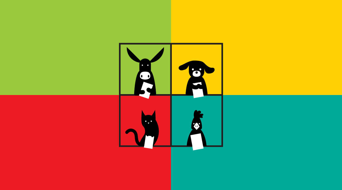 Nell'immagine si vedono un asino, un cane, un gatto e un gallo che tengono in mano un libro. Gli animali sono disposti in quattro riquadri affiancati con lo sfondo di quattro colori: verde chiaro, giallo, rosso e ottanio.