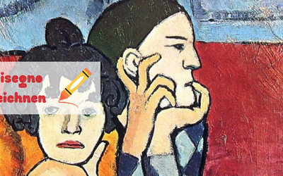 Nell'immagine si vede un particolare del dipinto "I due saltimbanchi" di Pablo Picasso. Sovrapposta all'immagine c'è la scritta "Disegno Zeichnen" col simbolo di un pastello giallo.