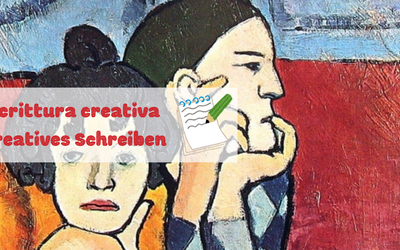 Nell'immagine si vede un particolare del dipinto "I due saltimbanchi" di Pablo Picasso. Sovrapposta all'immagine c'è la scritta "Scrittura creativa - Kreatives Schreiben" col simbolo di una matita verde che scrive su foglio.