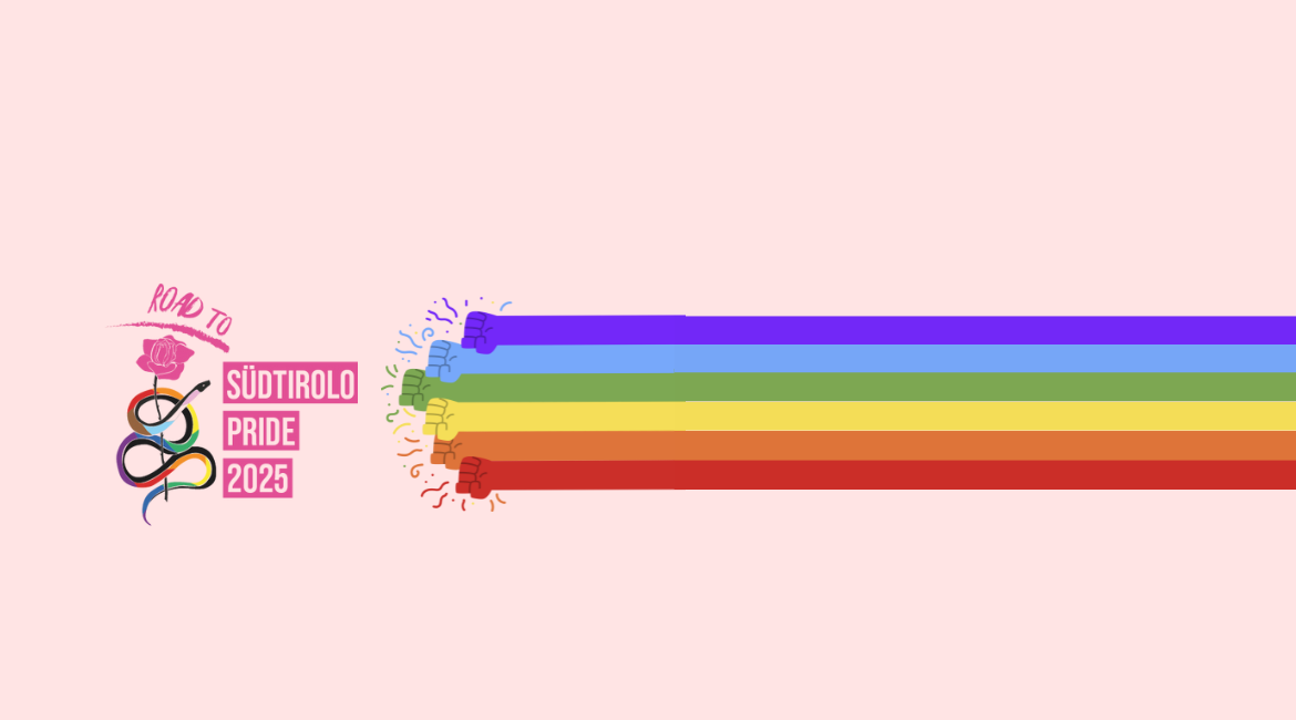 Logo del Sudtirolo Pride con arcobaleno su sfondo rosa.