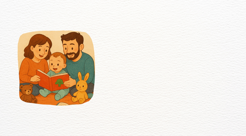 Un'illustrazione che mostra una famiglia di tre persone, i genitori e il loro bambino, seduti a leggere un libro di favole.