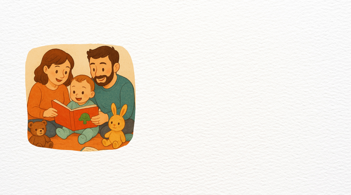 Un'illustrazione che mostra una famiglia di tre persone, i genitori e il loro bambino, seduti a leggere un libro di favole.