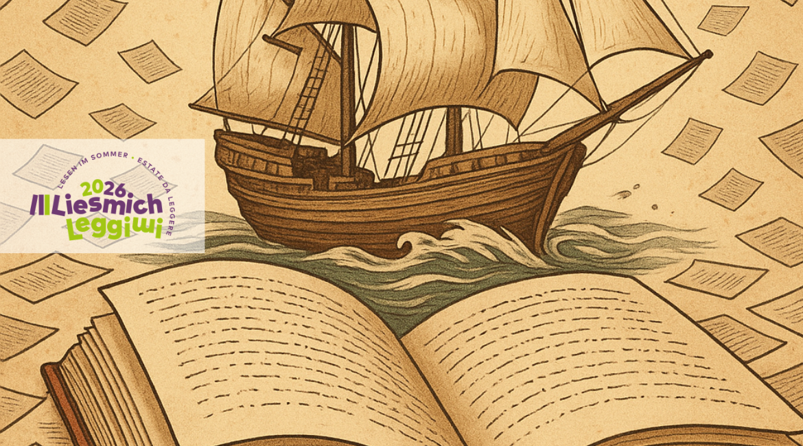 L'immagine presenta un vascello che solca un mare di libri nei toni del color seppia. Sovrapposto si vede il logo del concorso "Lismich leggimi 2026".