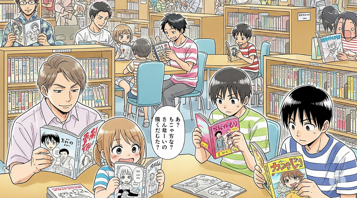 Un gruppo di personne legge manga in biblioteca.