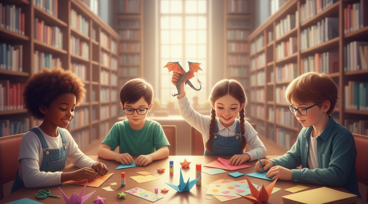 Un gruppo di bambini seduti a un tavolo della biblioteca realizza origami in carta colorata.