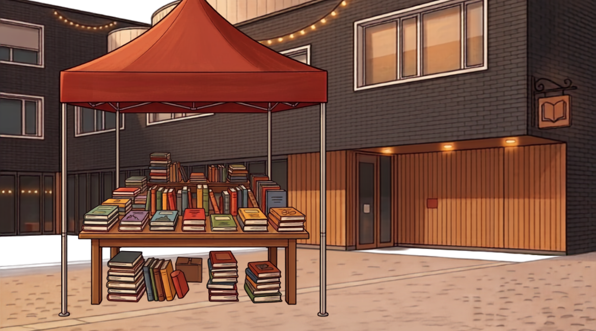 Nell'immagine si vede la Biblioteca Firmian in versione cartoon con davanti un banchetto di libri.