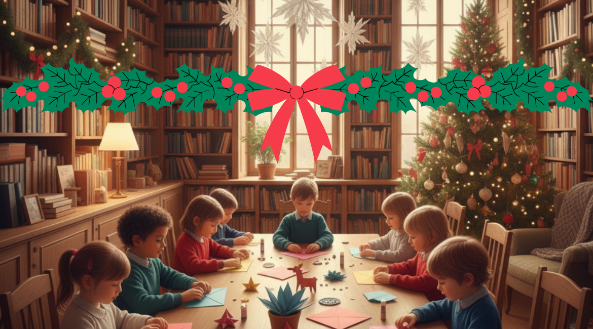 Un gruppo di bambini seduti a un tavolo, crea origami circondato da addobbi di Natale.