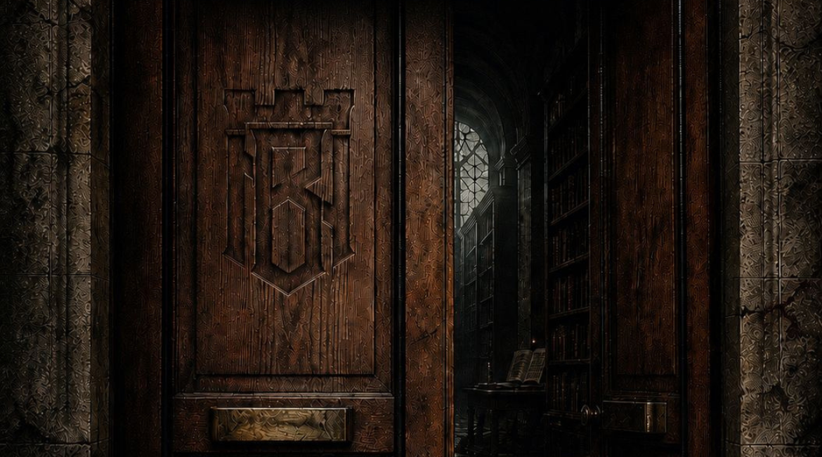 Nell'immagine si vede il portone dei legno della Biblioteca Civica modificato a imitazione di quello di un castello. Si intravede un interno di scaffali oscuri di libri.