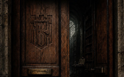 Nell'immagine si vede il portone dei legno della Biblioteca Civica modificato a imitazione di quello di un castello. Si intravede un interno di scaffali oscuri di libri.