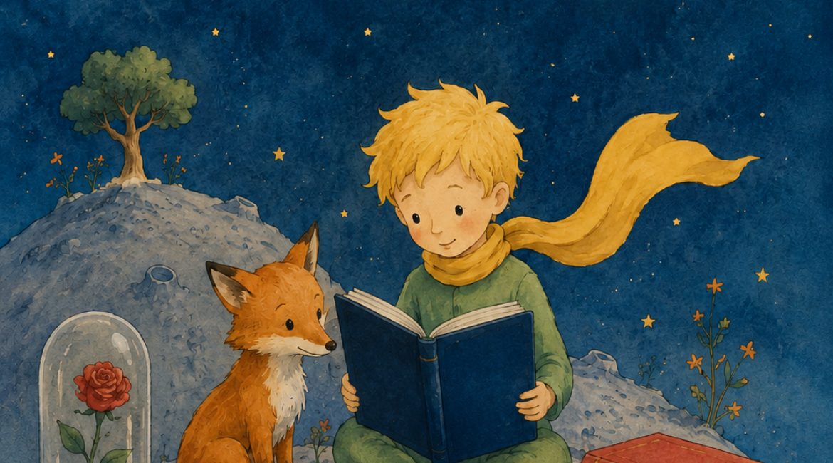 Nell'immagine si vede una reinterpretazione in stile acquerello del Piccolo Principe che legge un libro con di fianco la volpe e la rosa.