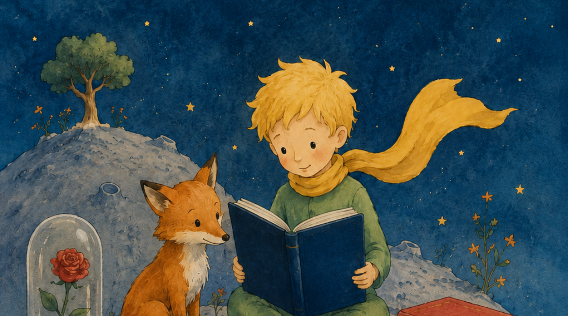 L'immagine presenta un'illustrazione creata dall'AI e ispirata al libro "Il Piccolo Principe". Sullo sfondo di un cielo stellato, si vedono il Piccolo Principe, la volpe e la rosa sotto la campana di vetro.