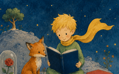 L'immagine presenta un'illustrazione creata dall'AI e ispirata al libro "Il Piccolo Principe". Sullo sfondo di un cielo stellato, si vedono il Piccolo Principe, la volpe e la rosa sotto la campana di vetro.