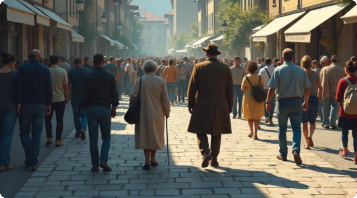 L'immagine mostra delle persone di spalle che camminano in una via fiancheggiata da case.
