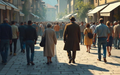 L'immagine mostra delle persone di spalle che camminano in una via fiancheggiata da case.
