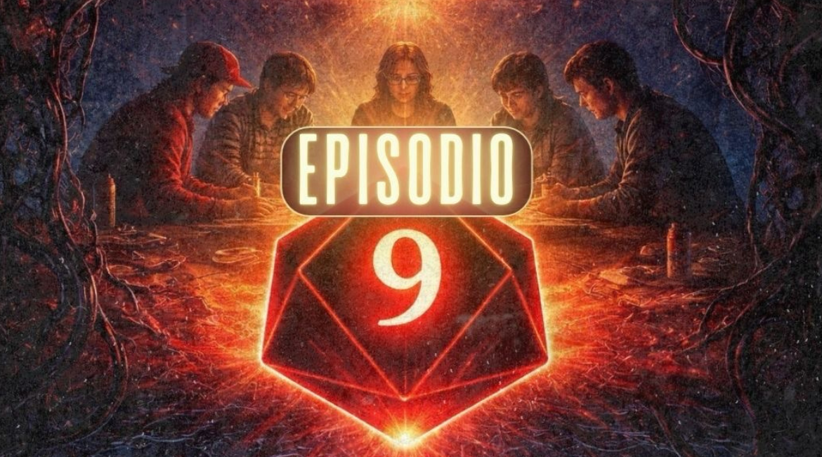 Nell'immagine si vede un gruppo di ragazzi che gioca ad un gioco di ruolo. Davanti si vede un dado e la scritta "Episodio 9" illuminata.